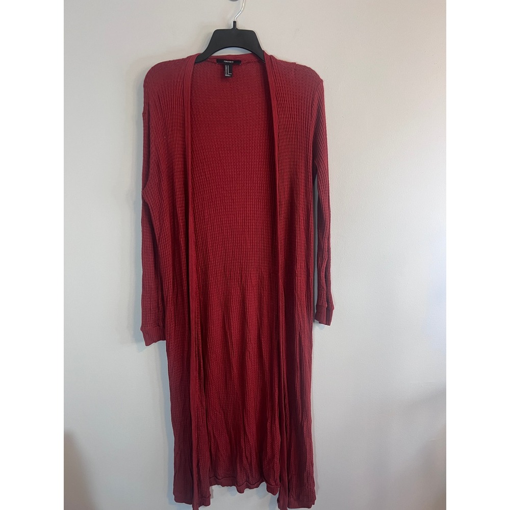 Forever 21 Womens Burgundy Waffle Knit Open Front Longline Duster Cardigan M